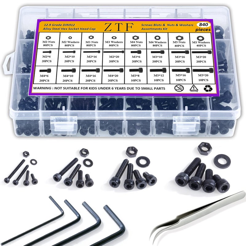 ZTF 840PCS M2 M3 M4 M5 Socket Head Cap Screws Nuts Assortment Kit with Storage Box, 12.9 Grade Alloy Steel Metric Thread Hexagon Allen Machine Bolt, DIN 912 Black Oxide Finish,4 Hex Wrenches Included - Image 1